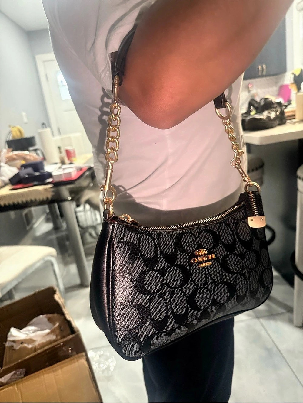 Coach Signature Top Handle Pouch Black & Brown Shoulder Bag